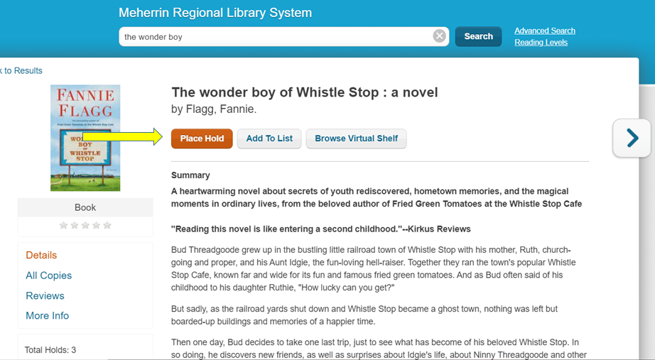 Image of a book in library's catalog. An arrow is pointing towards the place a hold button 